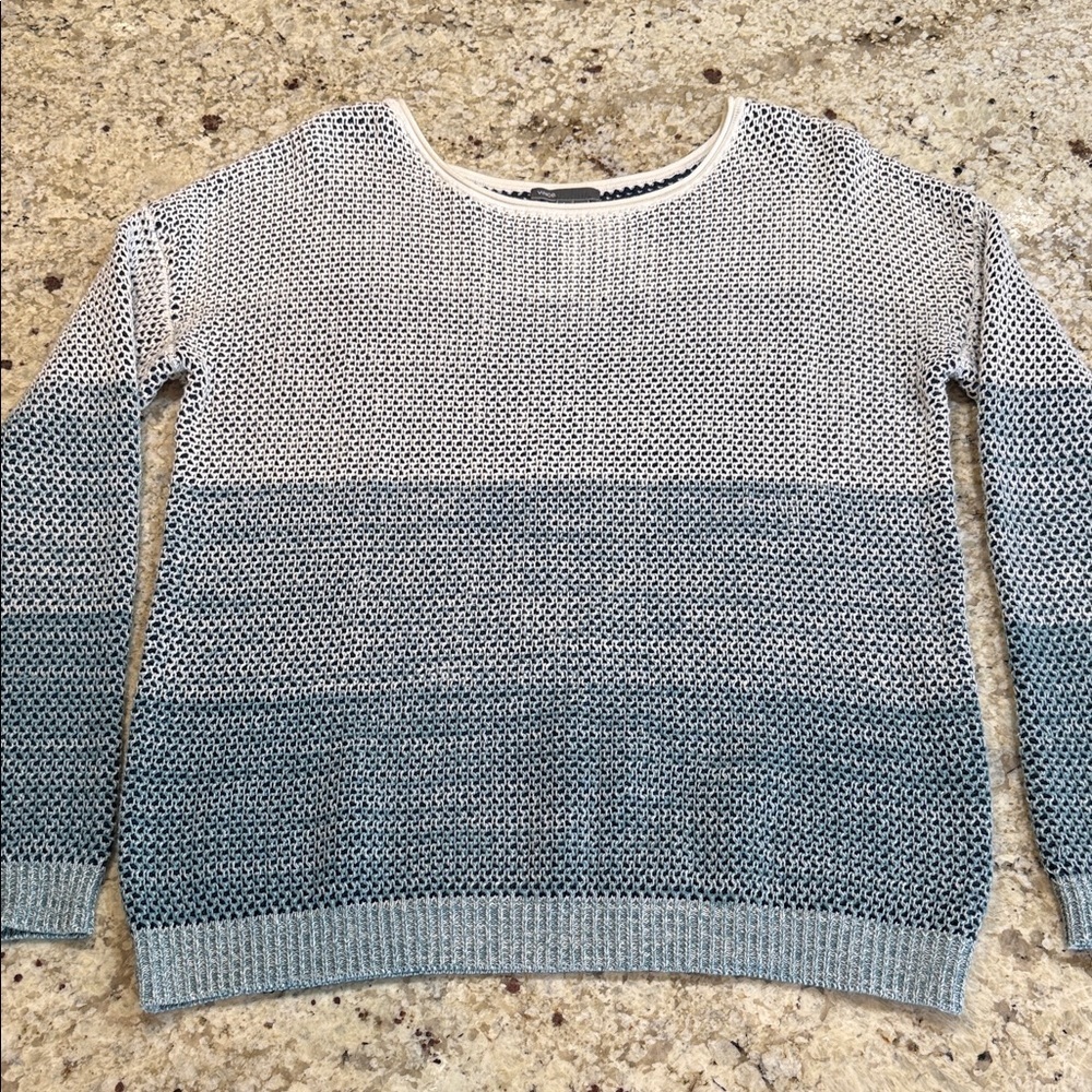 Vince Open Knit Colorblock Cotton Sweater Size L Blue Ivory - Picture 4 of 9